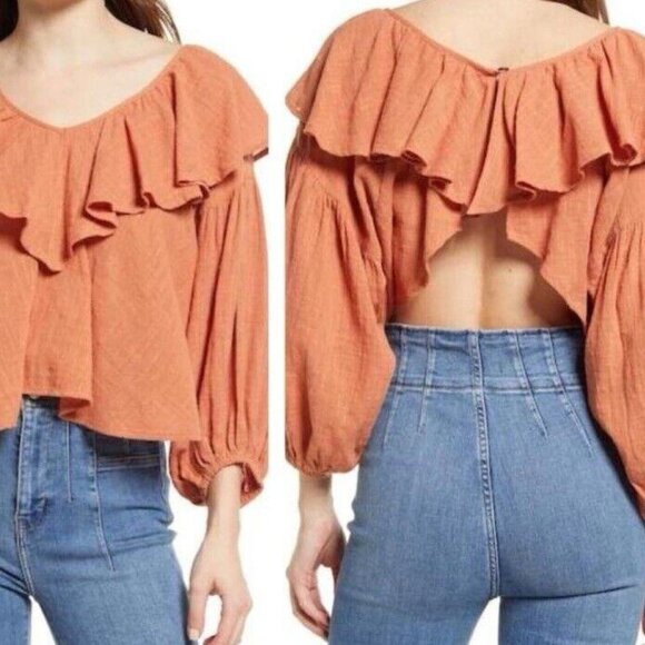 Free People Tops - Free People Zuri Ruffle Blouse Open Back In‎ Ginger Spice Size Small S Orange